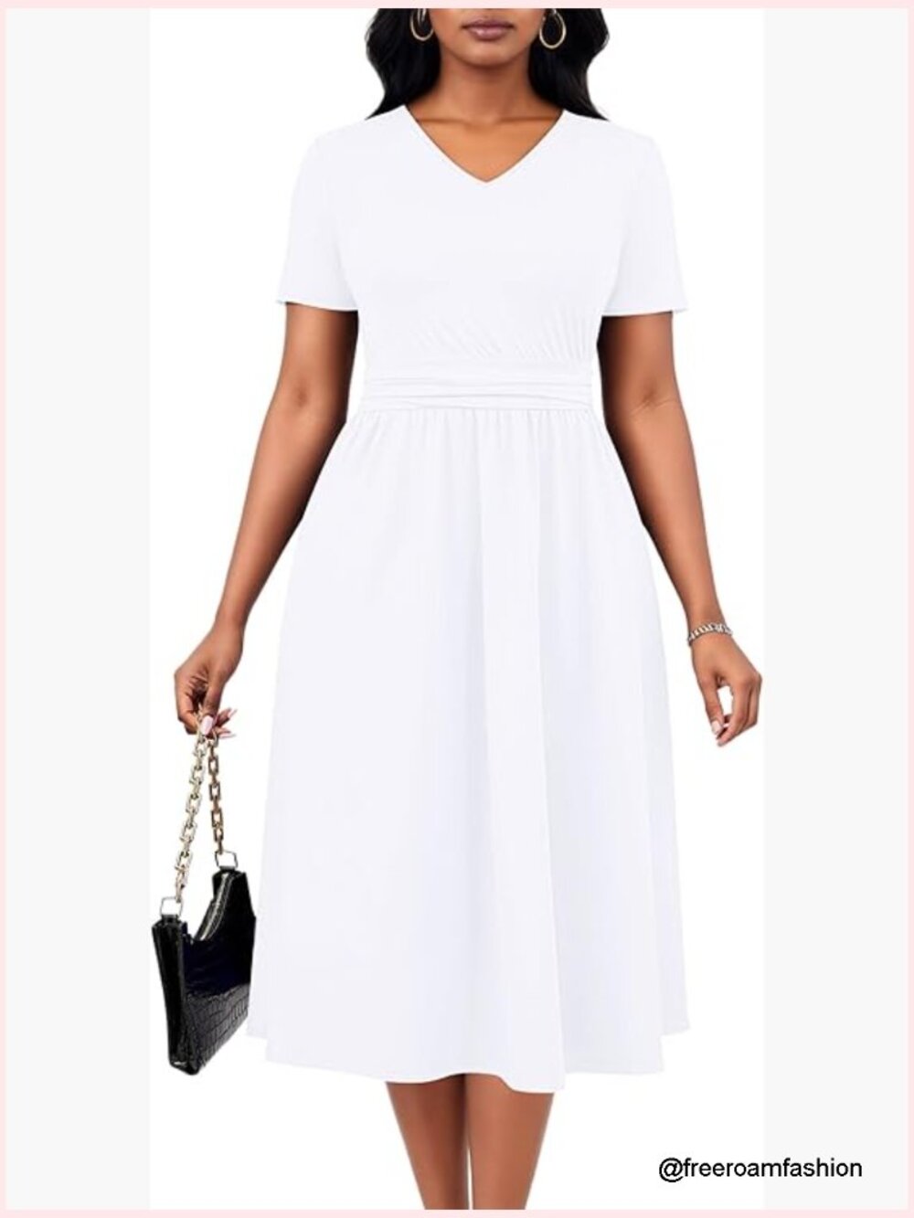 Midi Dress With V Neck, Waist Pleats, Pockets, Short Sleeve, A-Line Silhouette